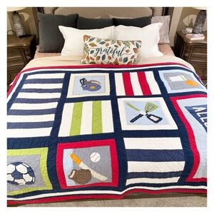 Pottery Barn Kids Sports Patchwork Quilt - Red, Blue, Green, White